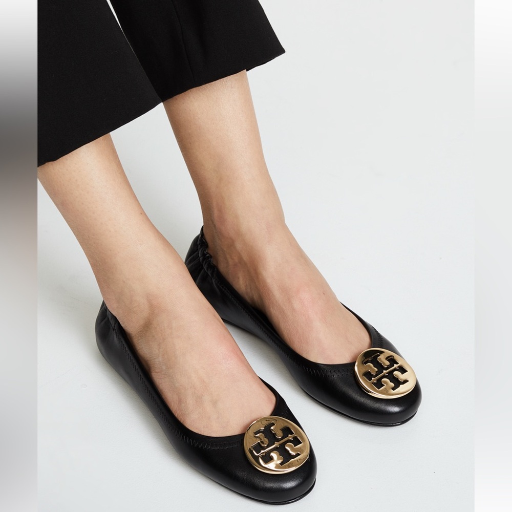 NEW Tory Burch Minnie Travel Ballet Flats Black Nappa Leather Logo Size 6.5 NIB - Picture 2 of 6